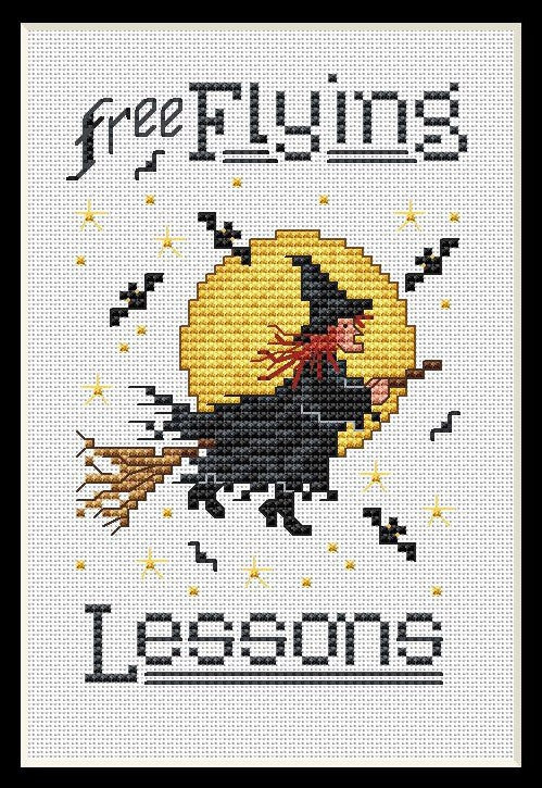 Sue Hillis free flying lessons witchy halloween cross stitch pattern