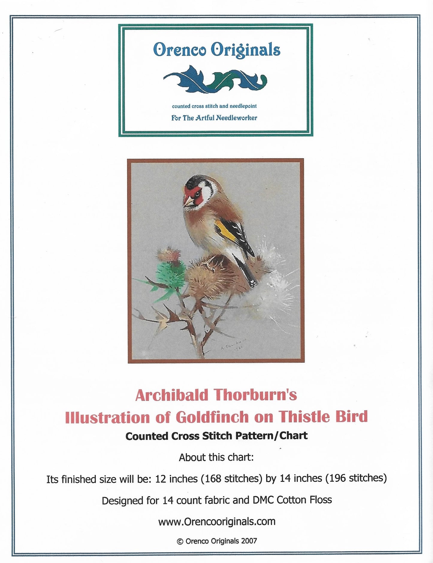 Orenco Goldfinch on Thistle Bird Archibald Thorburn bird cross stitch pattern
