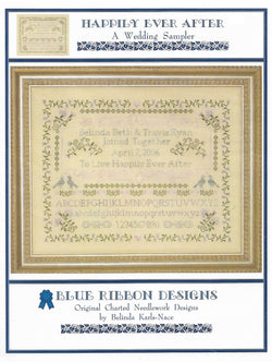 Blue Ribbon Happily Ever After wedding sampler cross stitch pattern