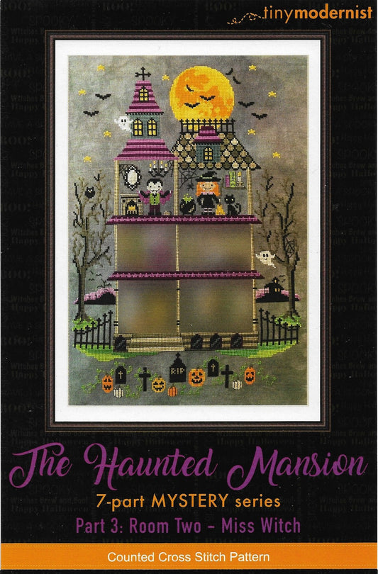 Tiny Modernist Haunted Mansion Miss Witch Halloween cross stitch pattern