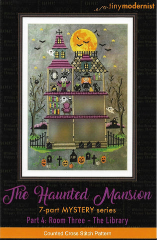 Tiny Modernist Haunted Mansion The Library Halloween cross stitch pattern
