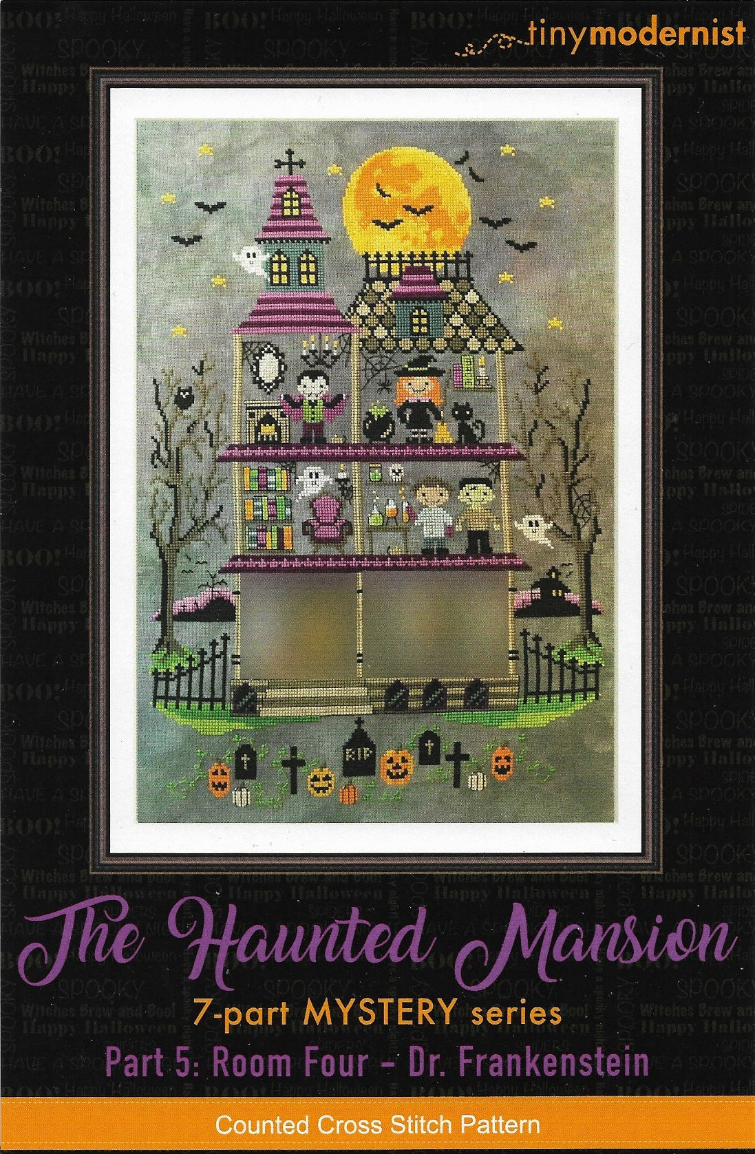 Tiny Modernist Haunted Mansion Dr. Frankenstein Halloween cross stitch pattern