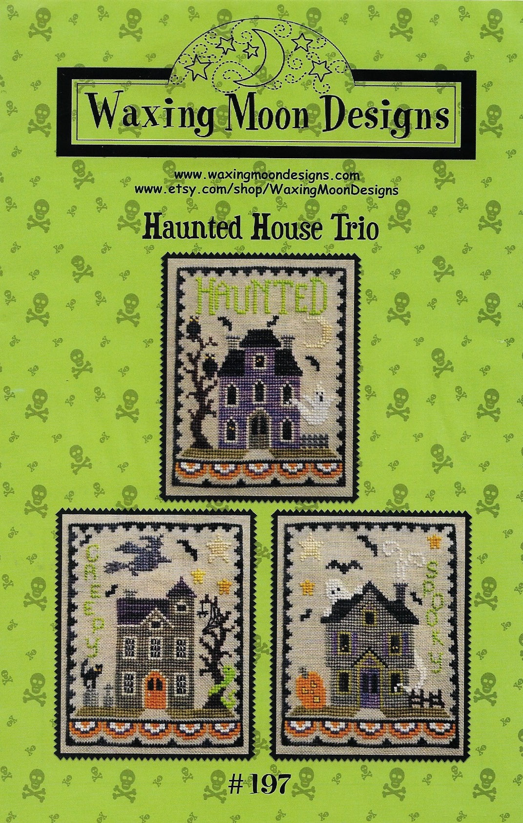Waxing Moon Haunted House Trio Halloween cross stitch pattern