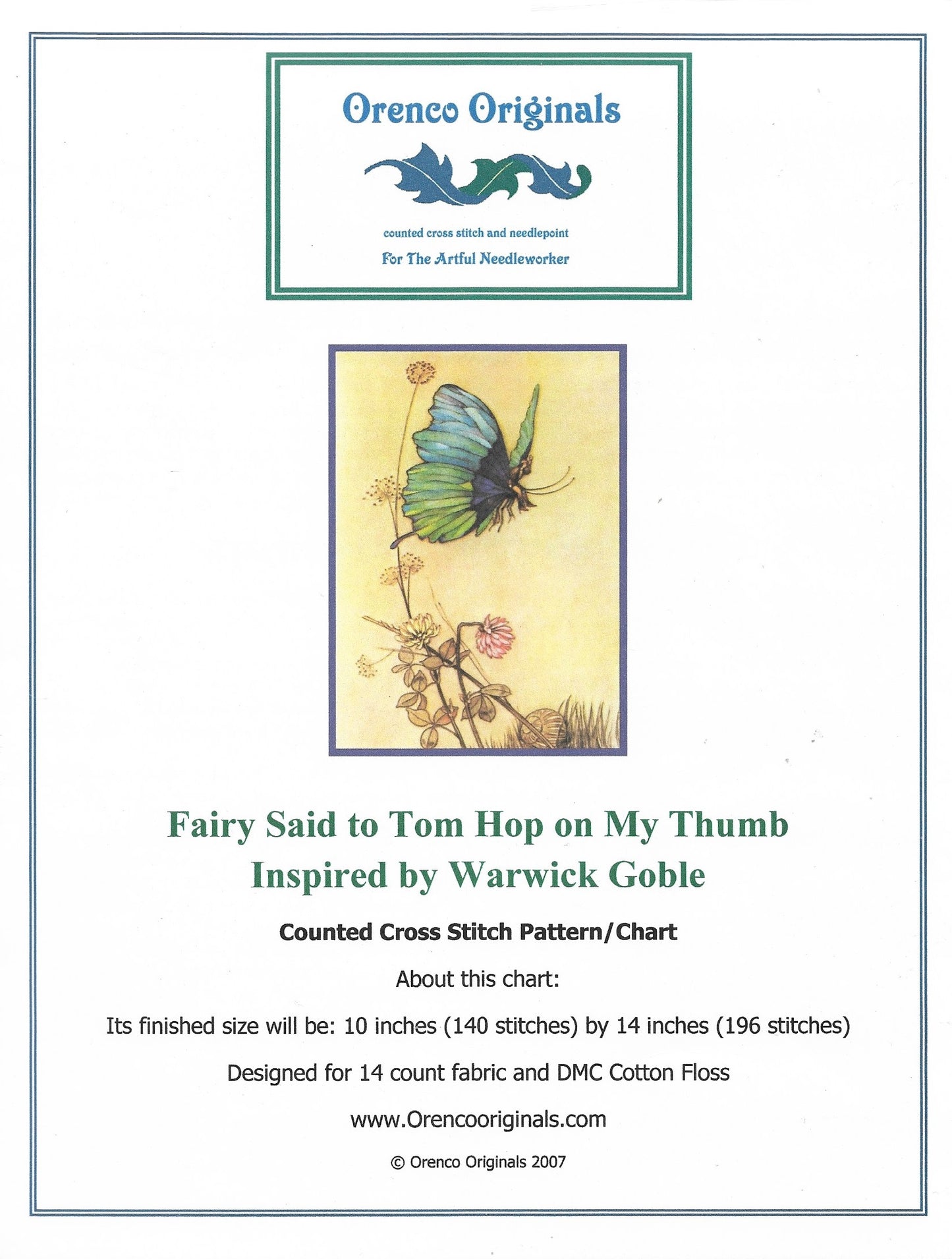 orenco Fairy said to Tom Hop on my thumb cross stitch pattern