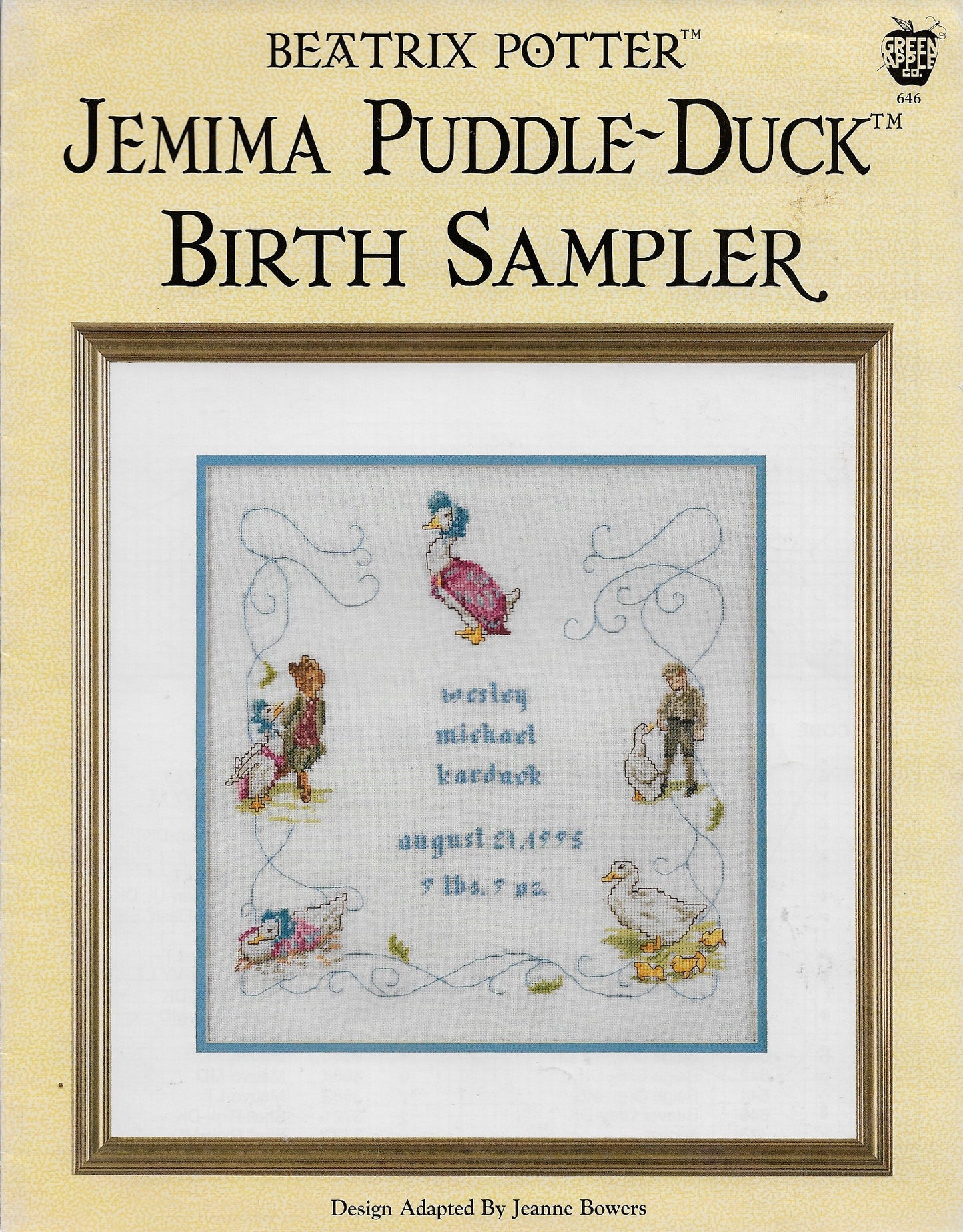 Green Apple Jemina Puddle-Duck Birth Sampler cross stitch pattern