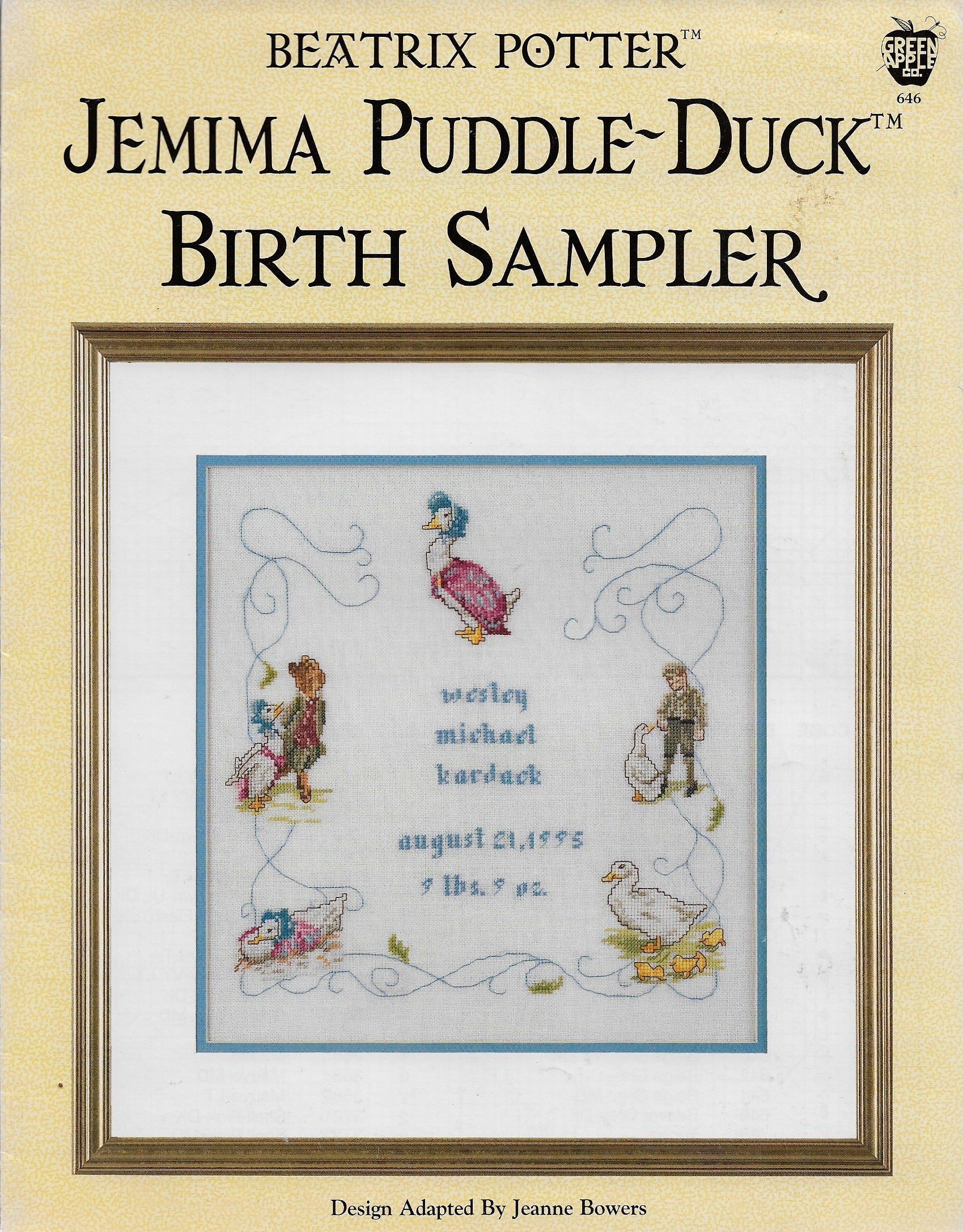 Green Apple Jemina Puddle-Duck Birth Sampler cross stitch pattern