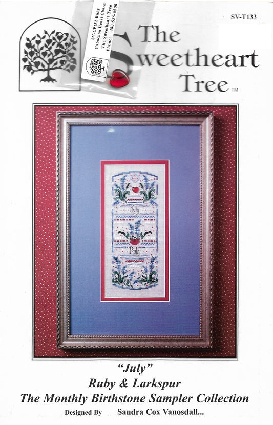 Sweetheart Tree July Ruby & Larkspur cross stitch pattern