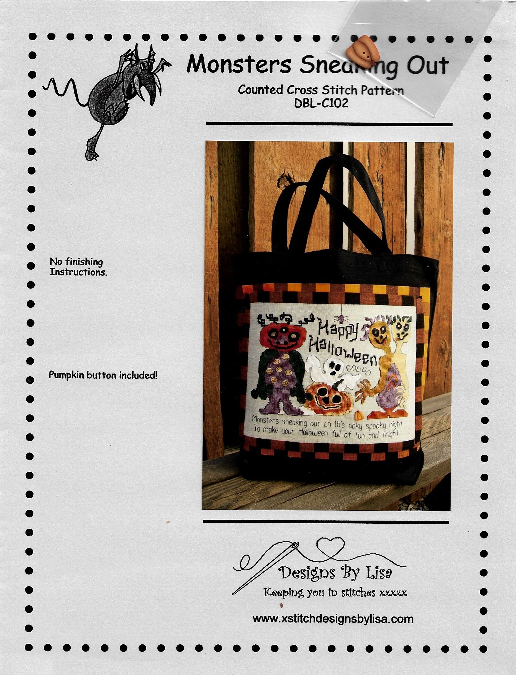 Designs by Lisa Monsters Sneaking Out DBL-C102 halloween cross stitch pattern