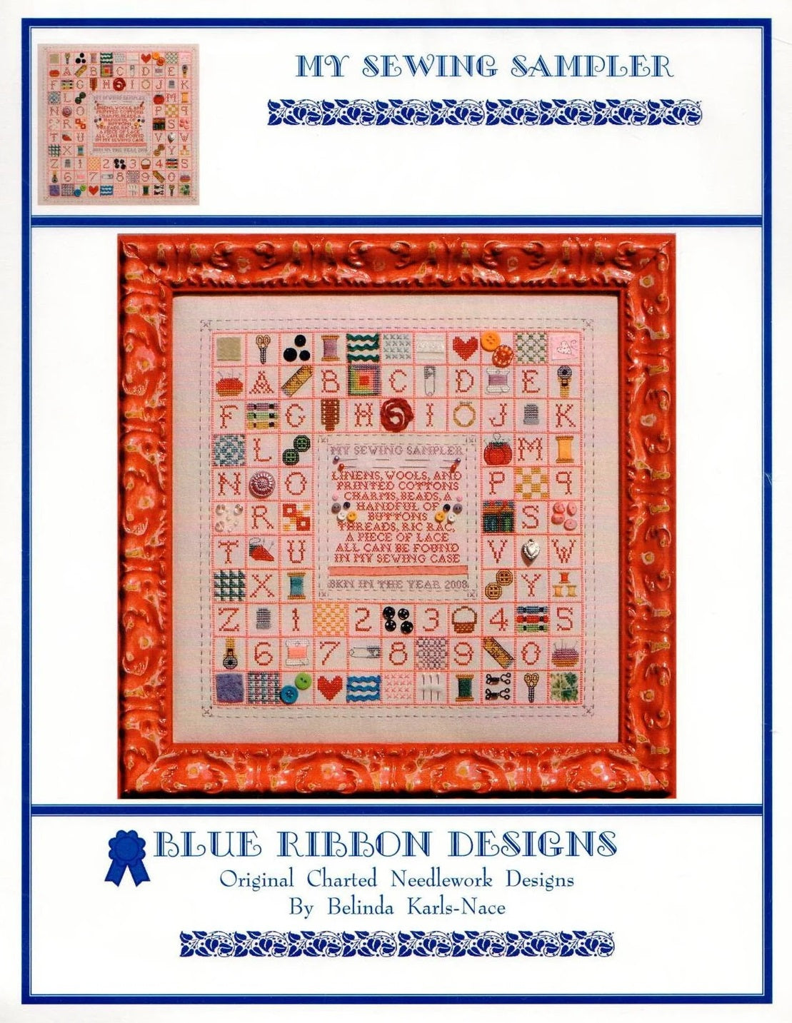 Blue Robbon My Sewing Sampler cross stitch pattern