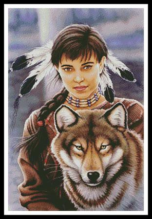 Artesy Cute Native American maiden and wolf cross stitch pattern
