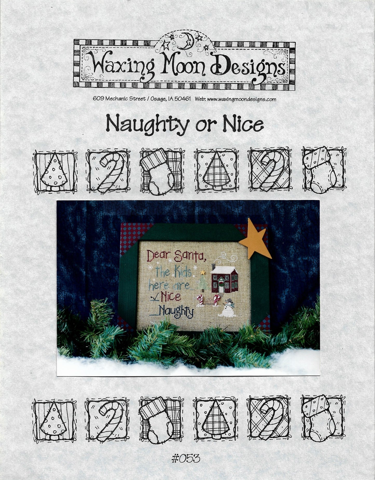 Waxing Moon Naughty or Nice christmas cross stitch pattern