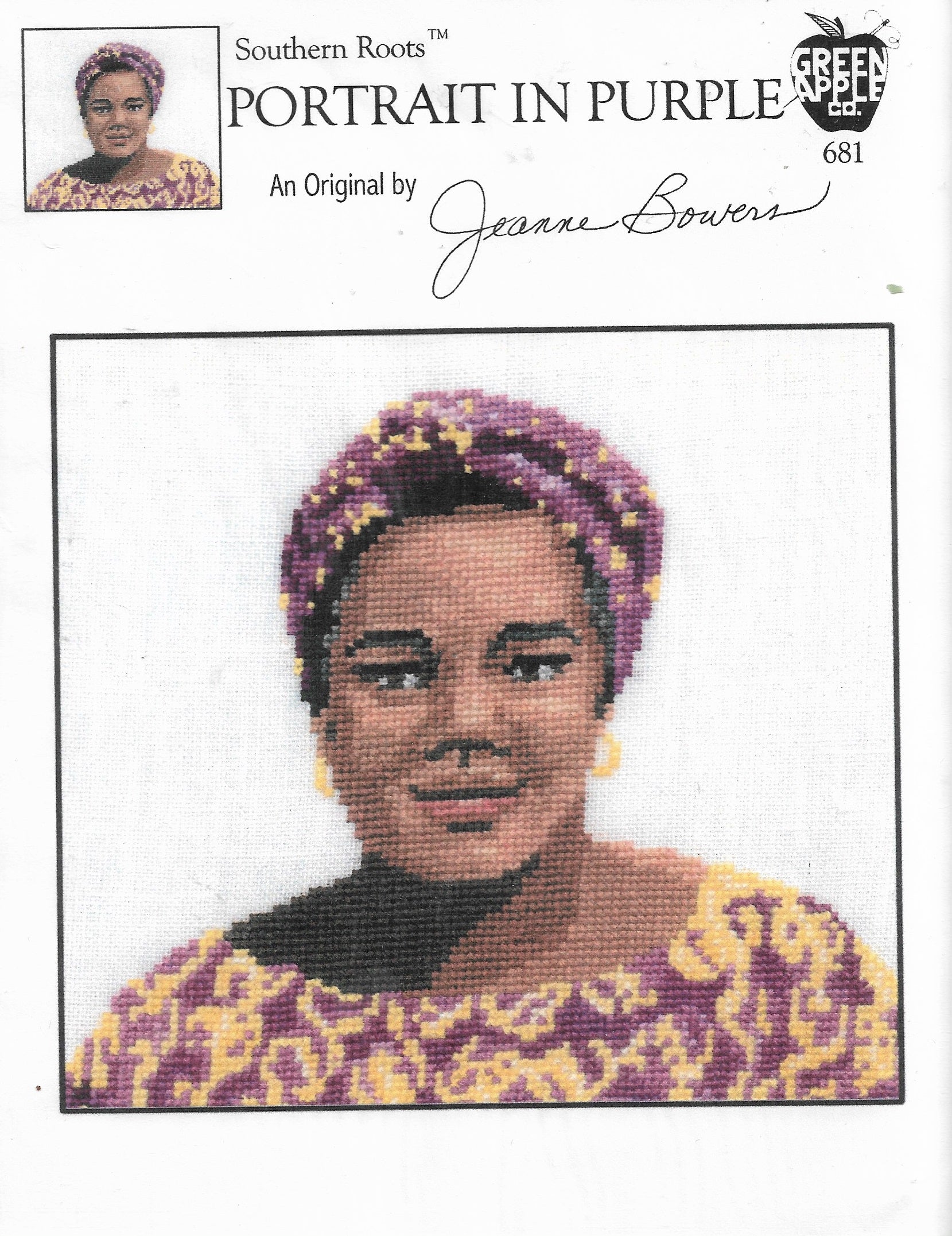 Green Apple Portrait in Purple African american cross stitch pattern