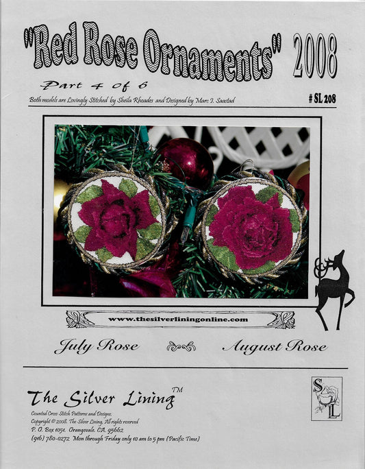 Silver Lining Red Rose Ornaments 2008 July August SL208 rose cross stitch pattern
