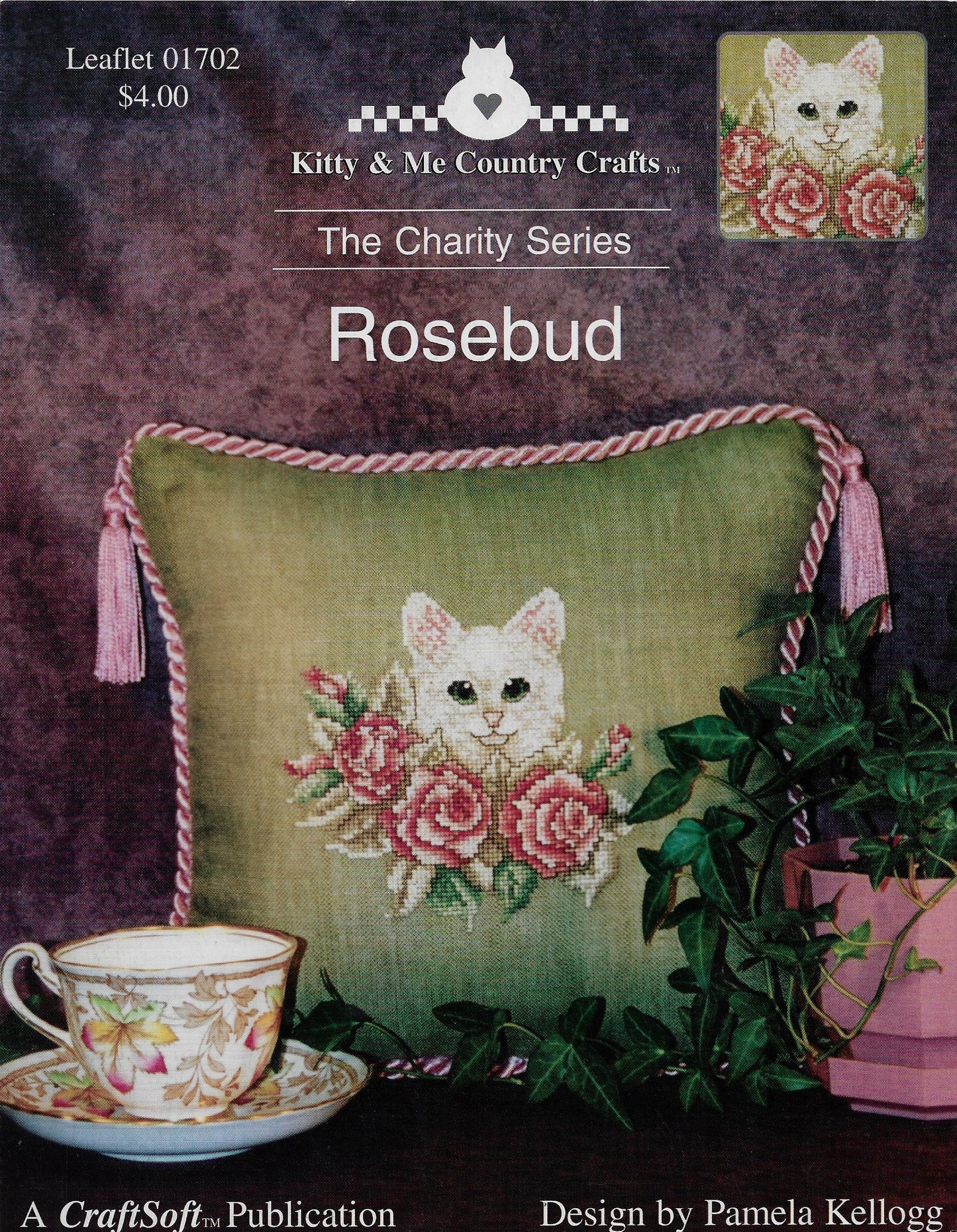 Kitty & Me Country Crafts Rosebud cat pillow cross stitch pattern