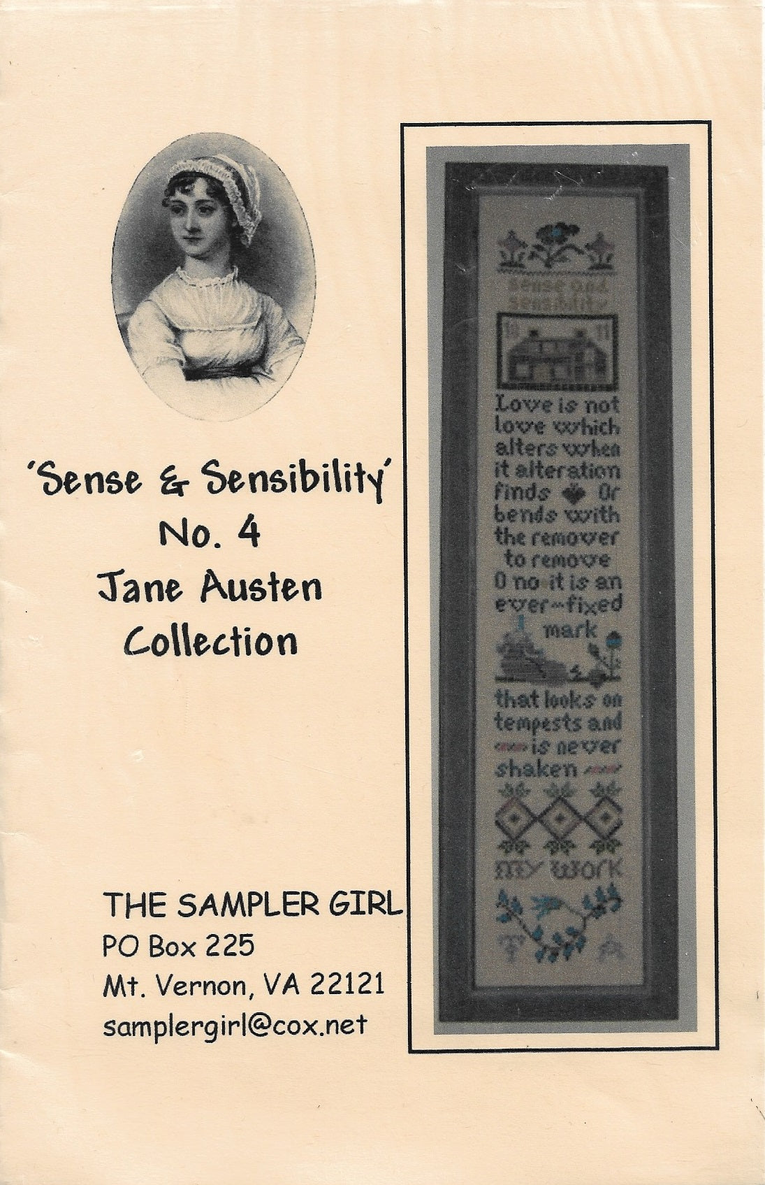 Sampler Girl Sense & Sensibility Jane Austen collection cross stitch sampler patter