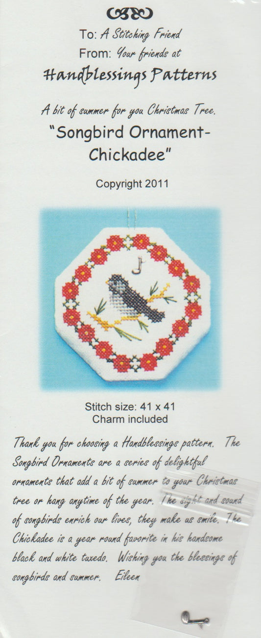 Handblessings Songbird Ornament - Chickadee Christmas cross stitch pattern