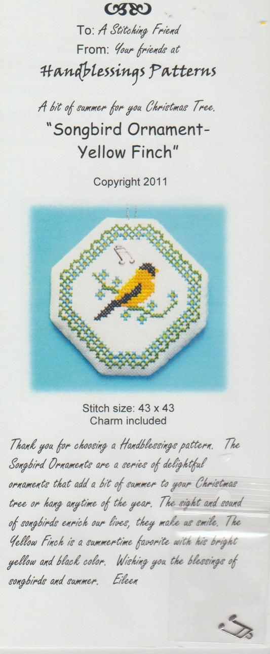 Handblessings Songbird Ornament - Yellow Finch Christmas cross stitch pattern