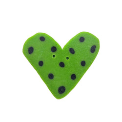 Jus Another Button Company Green Dot Heart, SS1011 handmade clay 2-hole button