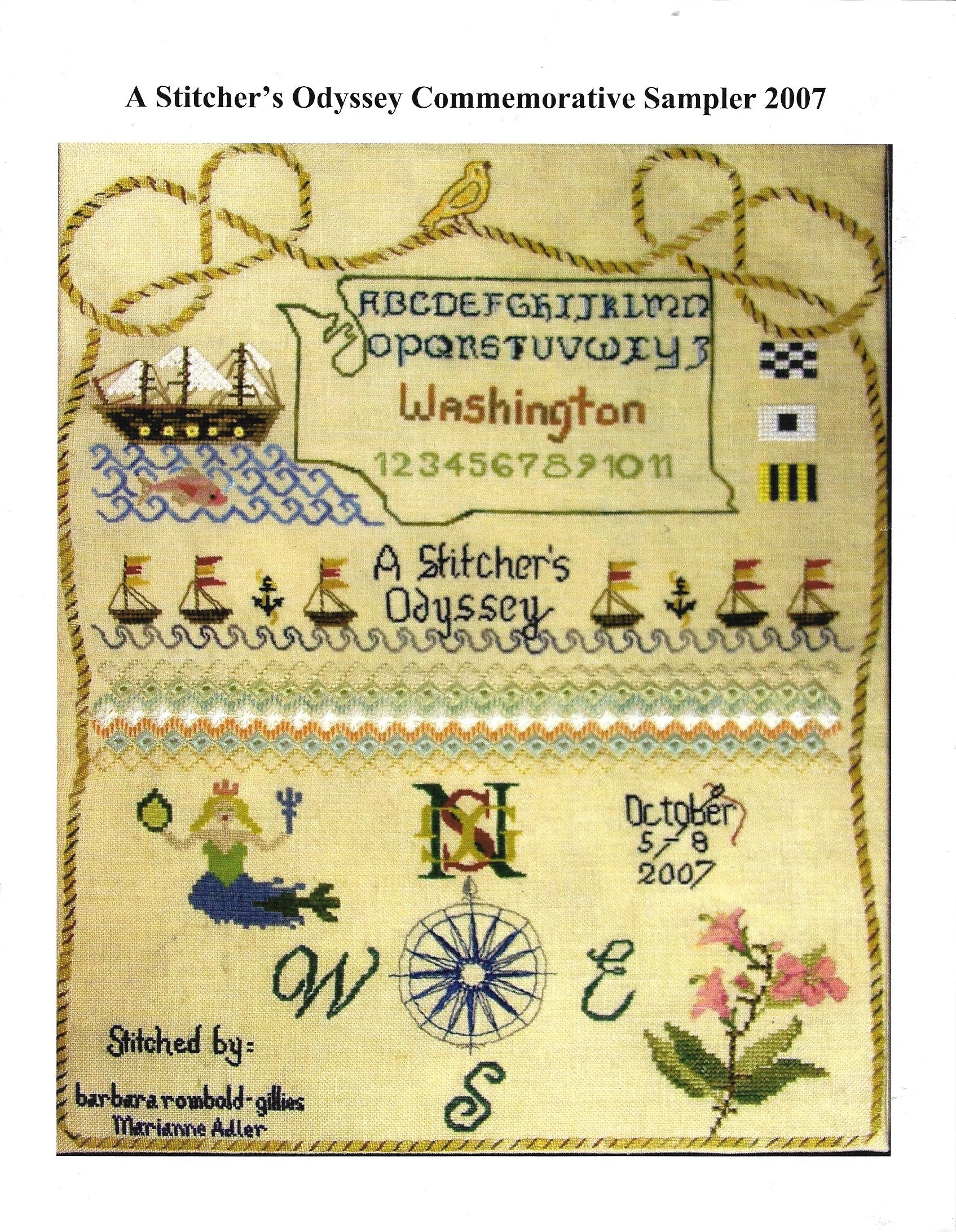 Barbara Rombold-gillies and Marianne Adler A Stitcher's Odyssey commemorative Sampler 2007 cross stitch pattern