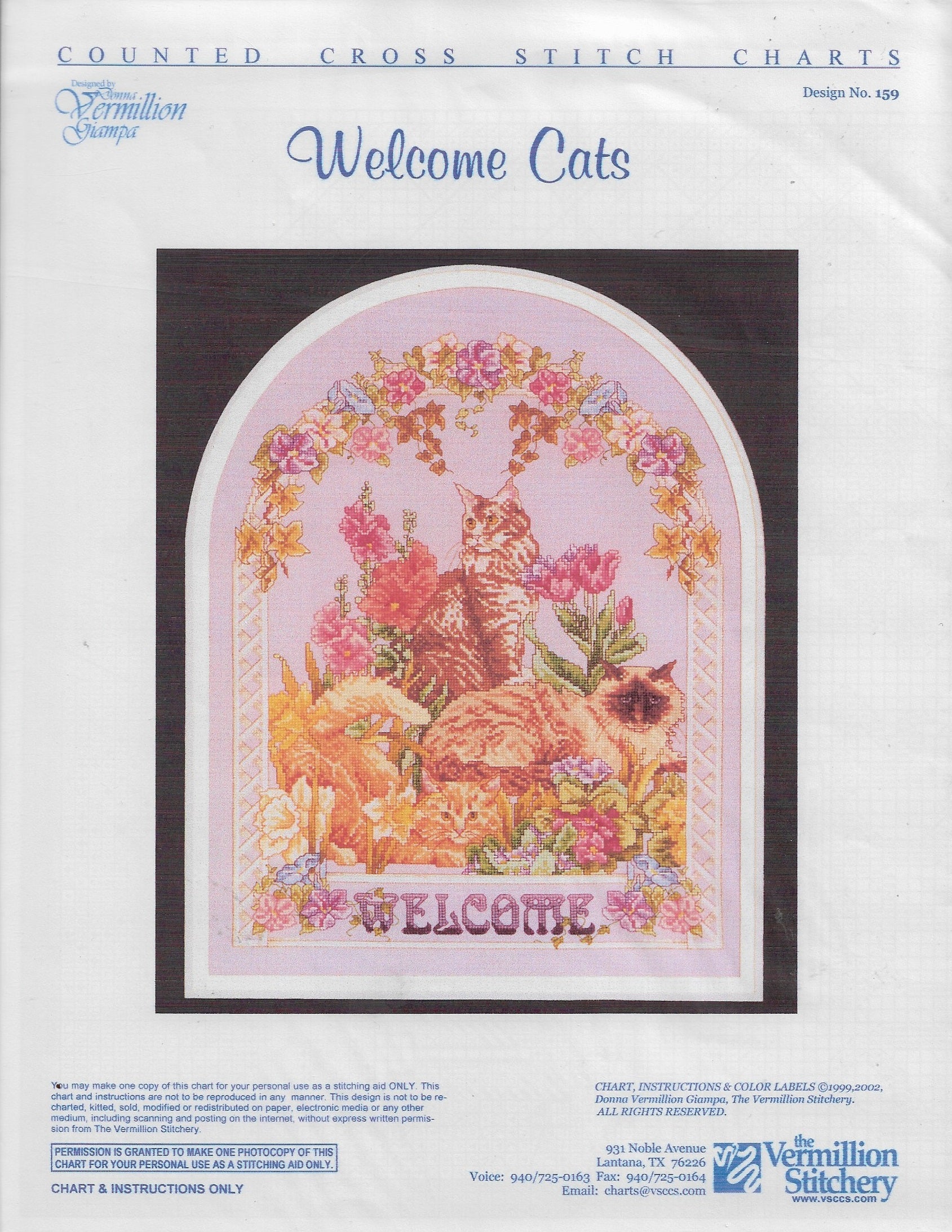 Vermillion Society Welcome Cats cross stitch pattern