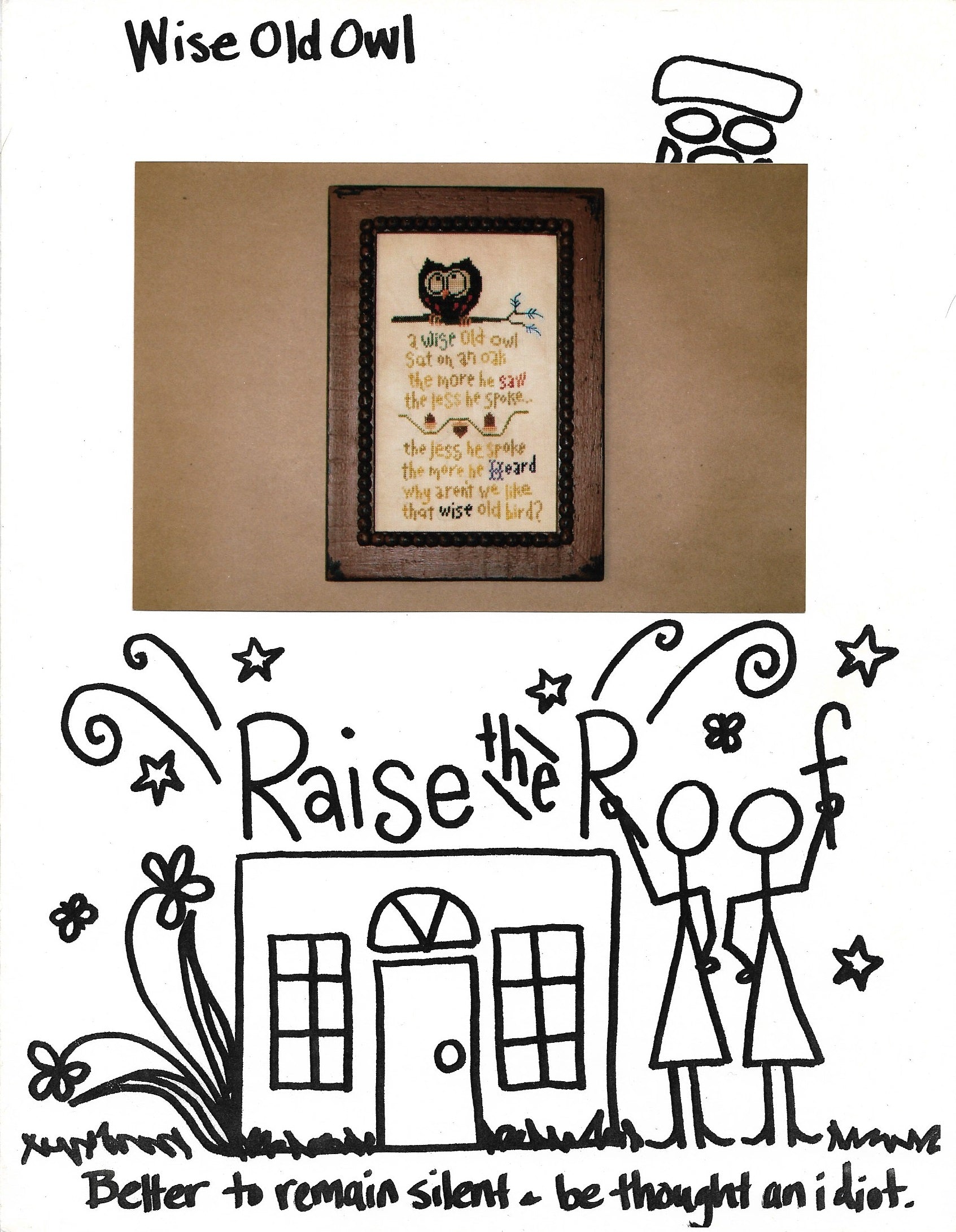 Raise the Roof Wise Old Owl cross stitch pattern