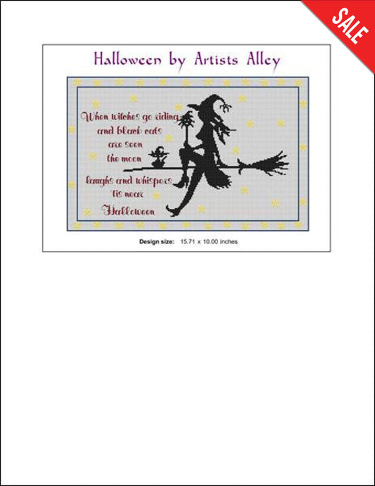 Artists Alley Witch riding broom cross stitch pattern