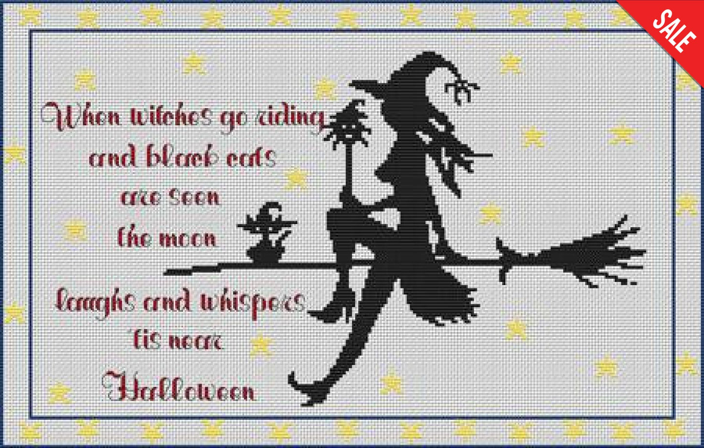 Artists Alley Witch riding broom cross stitch pattern