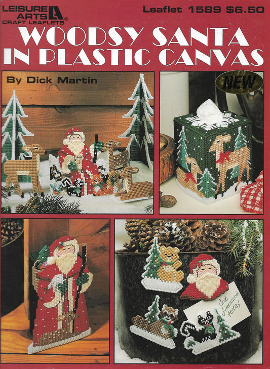 Leisure Arts Woodsy Santa 1589 Christmas ornaments in plastic canvas pattern